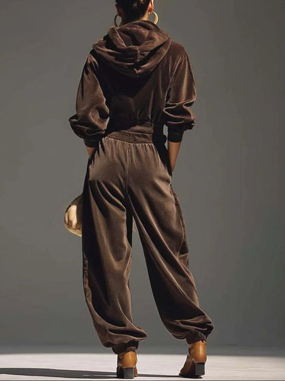 Vintage Brown Velvet Hoodie and Loose Pants Set (includes Belt)