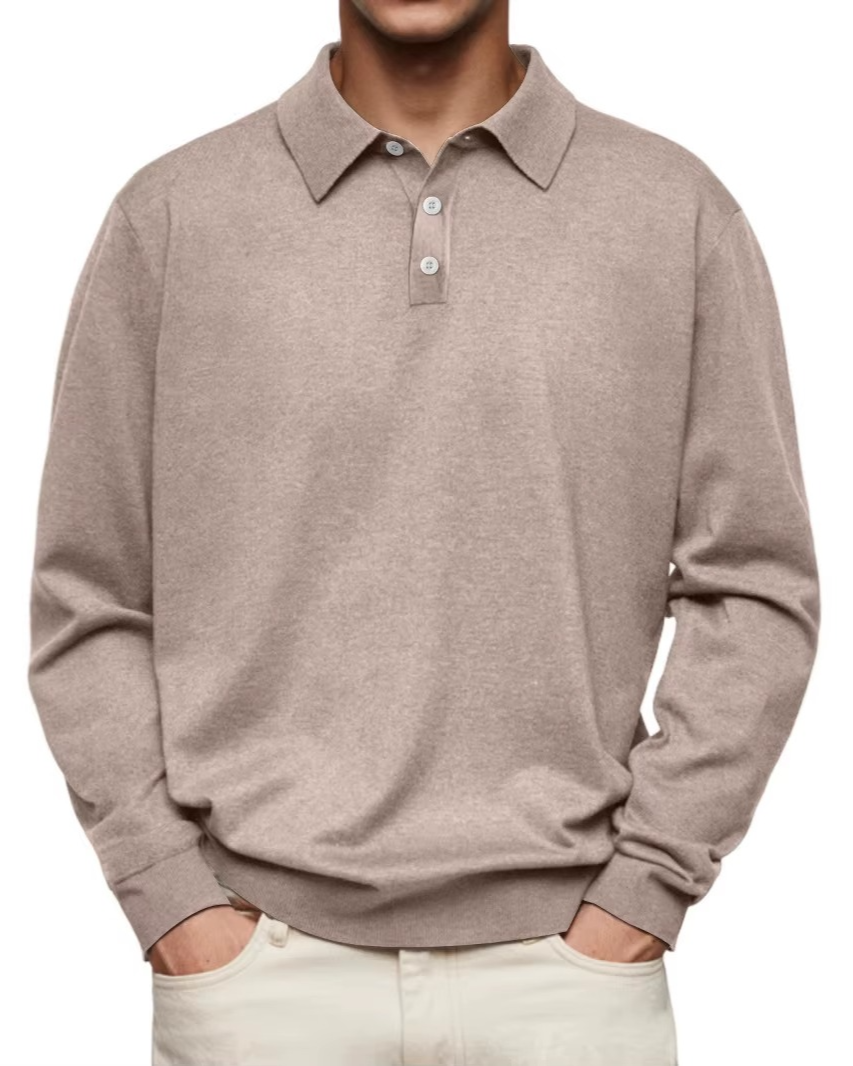 Patterned Collar Long Sleeve Polo Shirt