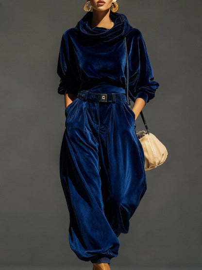Vintage Brown Velvet Hoodie and Loose Pants Set (includes Belt)