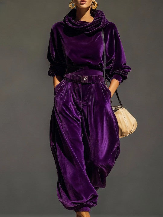 Vintage Brown Velvet Hoodie and Loose Pants Set (includes Belt)